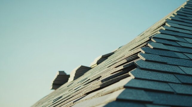 Roofer installing shingles on a sloped roof. Featuring expertise and safety
