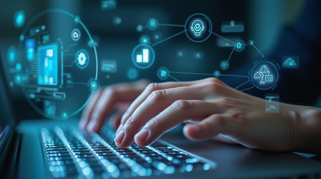 Typing Hands with Digital Icon Overlay on Laptop