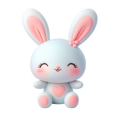 Obraz premium Adorable 3D plush pink bunny toy with soft fabric, long ears, and a sweet smile, isolated on white background.