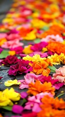 Colorful flower petals on dark surface