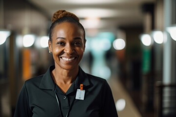 Smiling portrait of a middle aged female african american housekeeper in a hotel hallway looking at camera