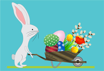 Easter composition with wheelbarrow, easter eggs and hare