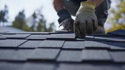 Roofing contractor applying shingles to residential roof. Featuring skill and precision