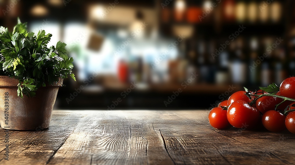 Poster crisp green parsley and juicy cherry tomatoes on rustic wooden table with blurred background : gener