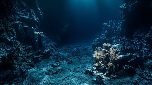 Hadal Zone &ndash; The deepest ocean trenches, shrouded in complete darkness, with rugged geological features, glowing hydrothermal vents, and alien-like bioluminescent life forms thriving in the abyss &ndash; om