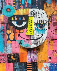 Obraz premium Abstract face street art on colorful wall, abstract face street art expression with bold colors, creative abstract face street art mural for modern design
