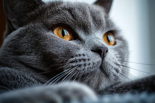 Grey British Shorthair Cat Lying Down in Warm Light