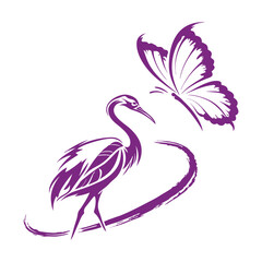 Artistic Purple Flamingos Illustration in Ink Brush Style
