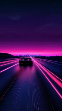 Retro 1980s Car Speeds Down Neon Highway Towards City: A Futuristic Synthwave Road Trip
