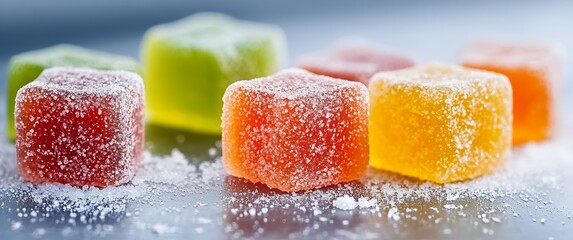 Colorful gummy candies coated in sugar placed on a shiny surface with vibrant hues and delightful textures : Generative AI