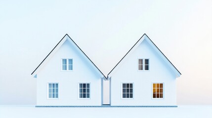 Modern minimalist houses with white exterior and contrasting square windows under soft pastel sky at sunset
