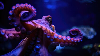 Colorful octopus displaying its tentacles in a dark aquatic environment at an aquarium during the evening hours Generative AI