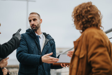 People having a serious conversation outdoors conveying collaboration and decision making in a professional setting. Perfect for concepts like teamwork, leadership, and client negotiations.