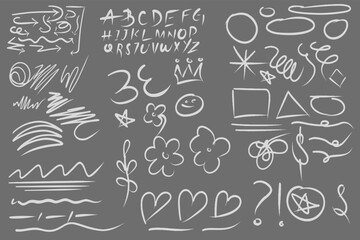 Scribbles, sketch - graphic pack. arrows, underlines, outlines, circles, Alphabets, Shapes Vector set.