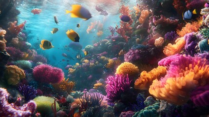 Coral Reef Ecosystem &ndash; A bustling coral reef filled with schools of tropical fish, vibrant anemones, and intricate coral structures, all bathed in a kaleidoscope of colors under crystal-clear water &ndash; 