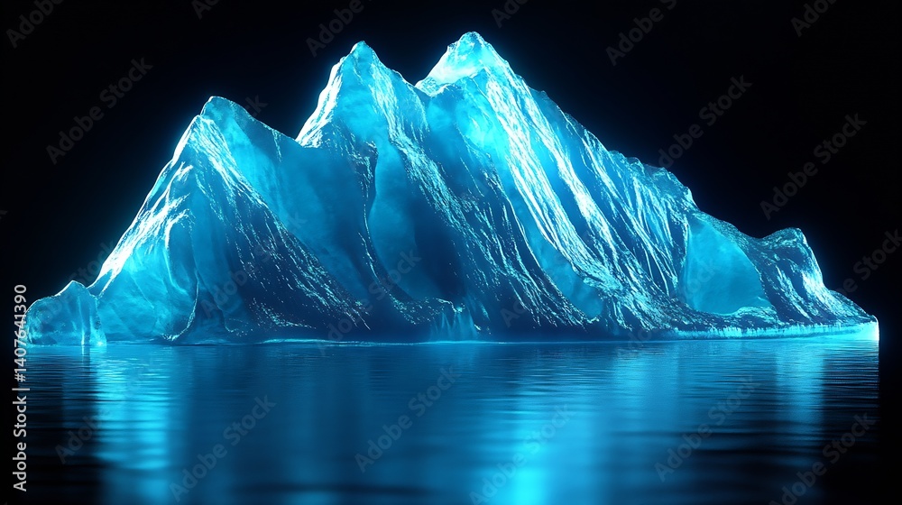 Poster glorious iceberg with radiant blue light reflected upon tranquil sea surface in a dark setting : gen