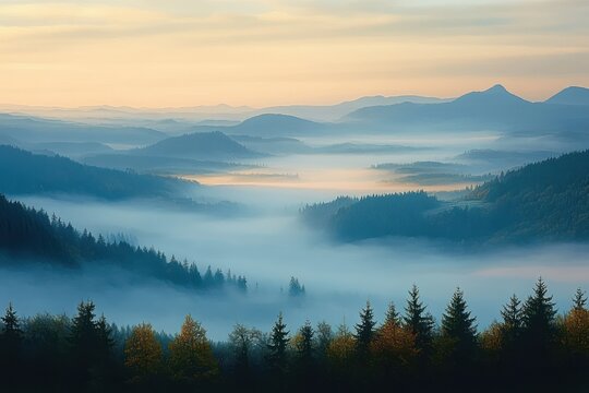 Sauerland Mountain Fog Morning View from Olsberg Peak Brilon Germany