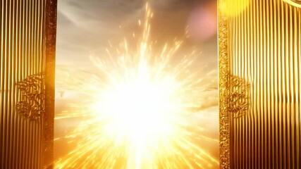 Majestic golden gates opening to radiant light above clouds - Powered by Adobe