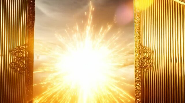 Majestic golden gates opening to radiant light above clouds