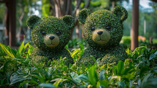 Two green topiary bears in garden setting, park. Possible use stock photo