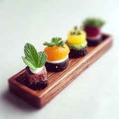 Elegant amuse bouche tray with artistic mini bites, clean upscale background