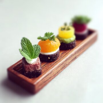 Elegant amuse bouche tray with artistic mini bites, clean upscale background