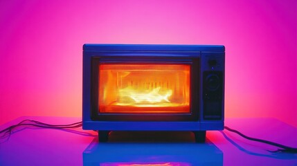 Retro Microwave with Neon Flames