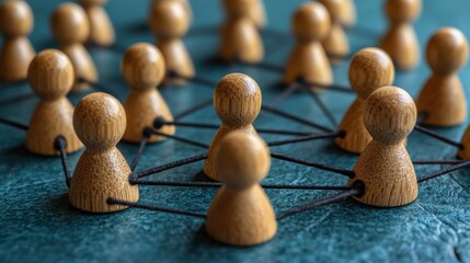 Network of wooden figures connected by strings demonstrating communication and collaboration in a teamwork concept
