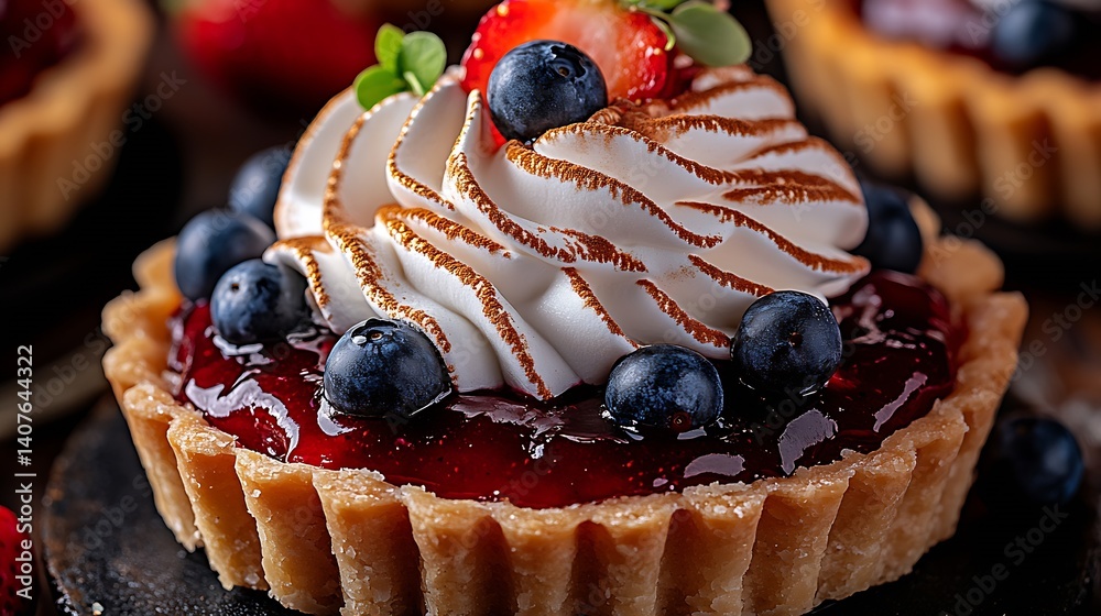 Poster indulge in a delightful fruit tart adorned with blueberries and strawberries topped with luxurious c