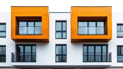 Obraz premium Modern apartment building facade featuring stylish orange balconies and sleek architectural design elements