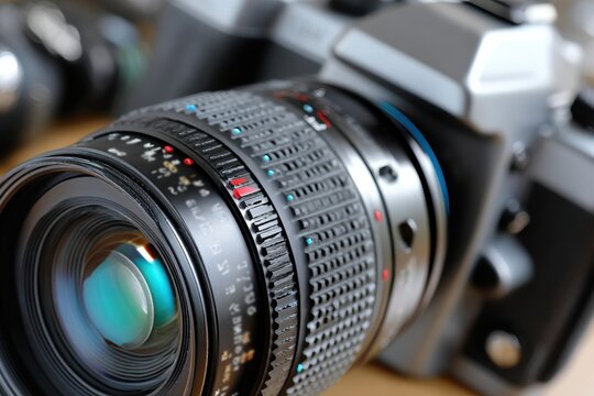 An intricate close-up photo of a vintage camera lens, highlighting the beauty of craftsmanship and the art of photography through detailed engineering and design.