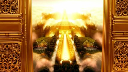 Golden gates opening to a radiant temple amidst clouds in glorious sunrise - Powered by Adobe
