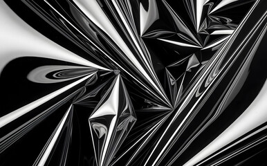 closeup of crumpled black and white plastic wrap with sharp reflective folds and abstract patterns