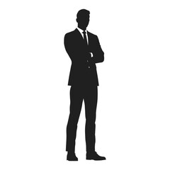 A bold silhouette of a man in a business suit, arms crossed, standing confidently against a plain white background.
