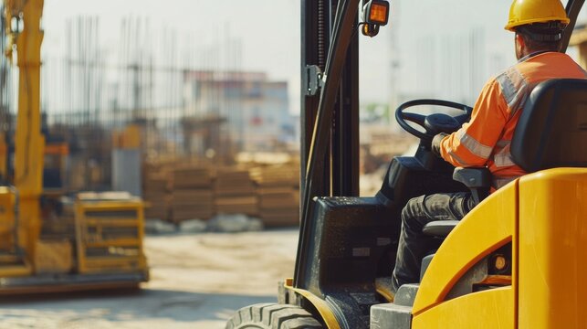 Heavy machinery operator driving a forklift on a construction site. Featuring coordination and focus