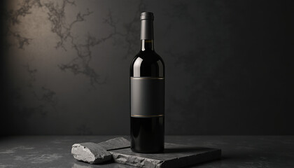 Fototapeta premium Wine bottle label mockup. Red wine bottle mockup with minimal white label on textured slate and moody backdrop for upscale alcohol branding or packaging design