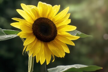 Fototapeta premium Golden Sunflower with Dew Drops on Green Foliage.