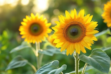 Obraz premium Sunflowers bloom, golden petals surround dark centers, leaves glow softly