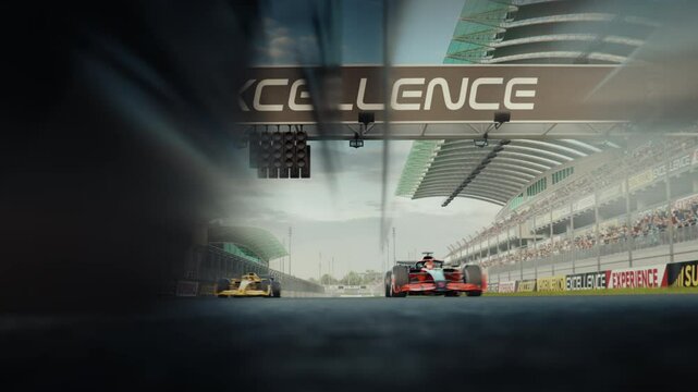 Low angle front view of generic race cars starting the race. Wide low angle shot with starting lights. 3d animation rendering. New 2025 black and gold race car design