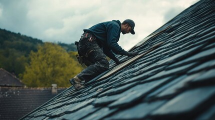 Roofer replacing damaged shingles on a steep roof. Featuring expertise and safety