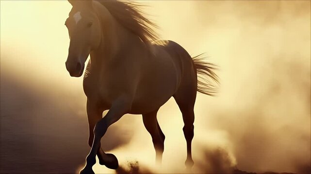 Horse Running Through Dust At Sunset