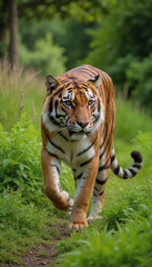 Obraz premium Tiger walking on forest trail for International Tiger Day 