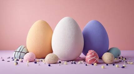 Easter decoration handmade crafts seasonal centerpieces. Delightful Easter Eggs Display with Pastel Colored Background and Candy Pieces Decoration.