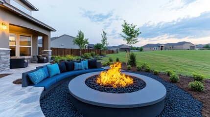 Backyard Oasis: An inviting backyard oasis features a contemporary circular fire pit, creating a cozy and warm ambiance perfect for outdoor gatherings with family and friends.