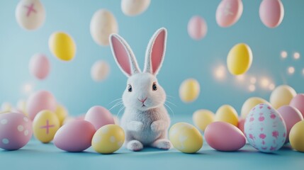 Obraz premium Easter decoration handmade crafts seasonal centerpieces. Easter Bunny with Colorful Eggs for a Festive Spring Celebration on a Light Blue Background.