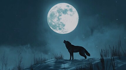 Lone wolf howls moonlit snowy landscape