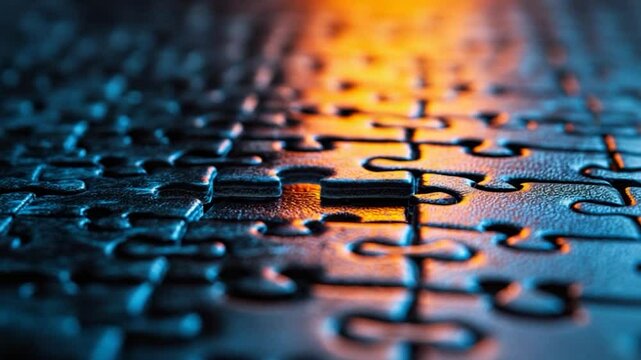 Close-up puzzle piece, completed jigsaw, focused on a missing piece,  lighting effect, background, strategy, challenge, completion, creativity,  for education or motivation use