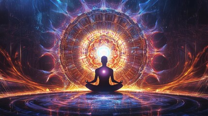 Colourful energy radiates from a meditating man with mandala patterns.