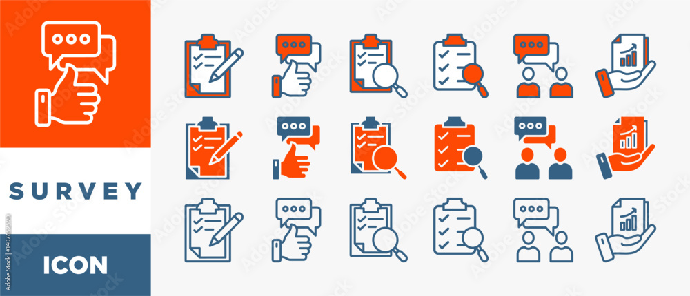 Poster survey icon set with various styles and colors customer satisfaction questionnaire feedback with ico