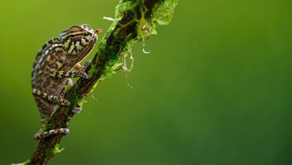 Small colorful lizard sitting on a moss covered branch in a lush green forest under soft natural light during the day Generative AI